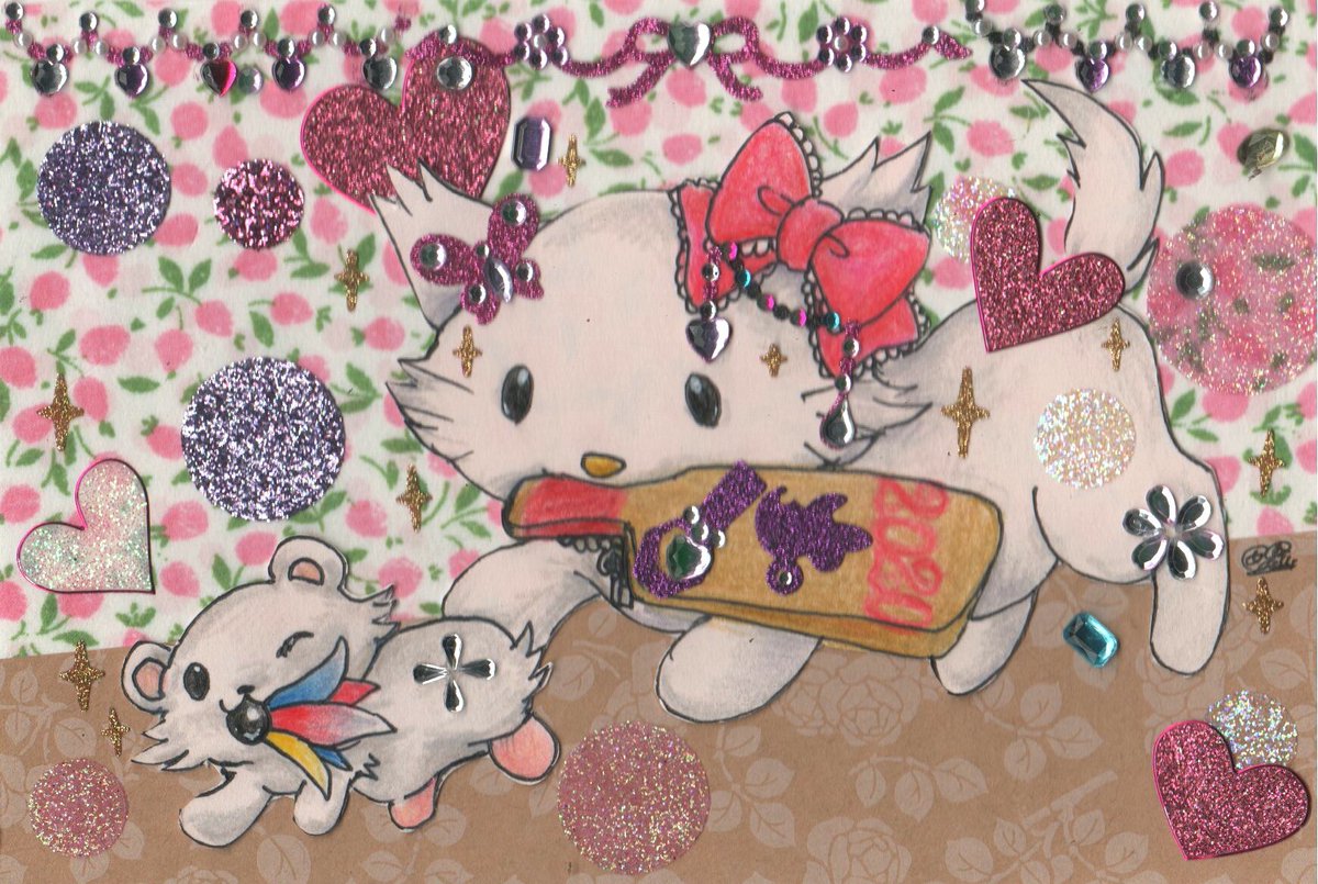 勝田名人 Twitter પર 今年の 年賀状 シリーズより いつも素敵なお土産をくださる文通仲間の Yasasiieigo Yukakoさんに宛てたもの リクエストに ネズミを追いかける チャーミーキティ を頂いた んですが チャーミーの相棒がハムスターと知ったので 仲良く