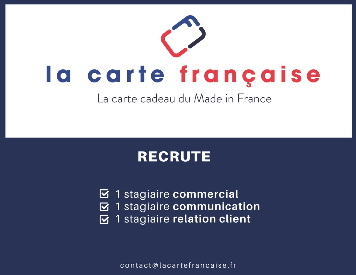La carte française #recrute 3 stagiaires dès février !

☑️commercial: linkedin.com/posts/lacartef…

☑️communication: linkedin.com/posts/lacartef…

☑️relation client, SAV, back-office: linkedin.com/posts/lacartef…

🇫🇷 Mettez votre talent au service du #MadeinFrance 
✉️contact@lacartefrancaise.fr