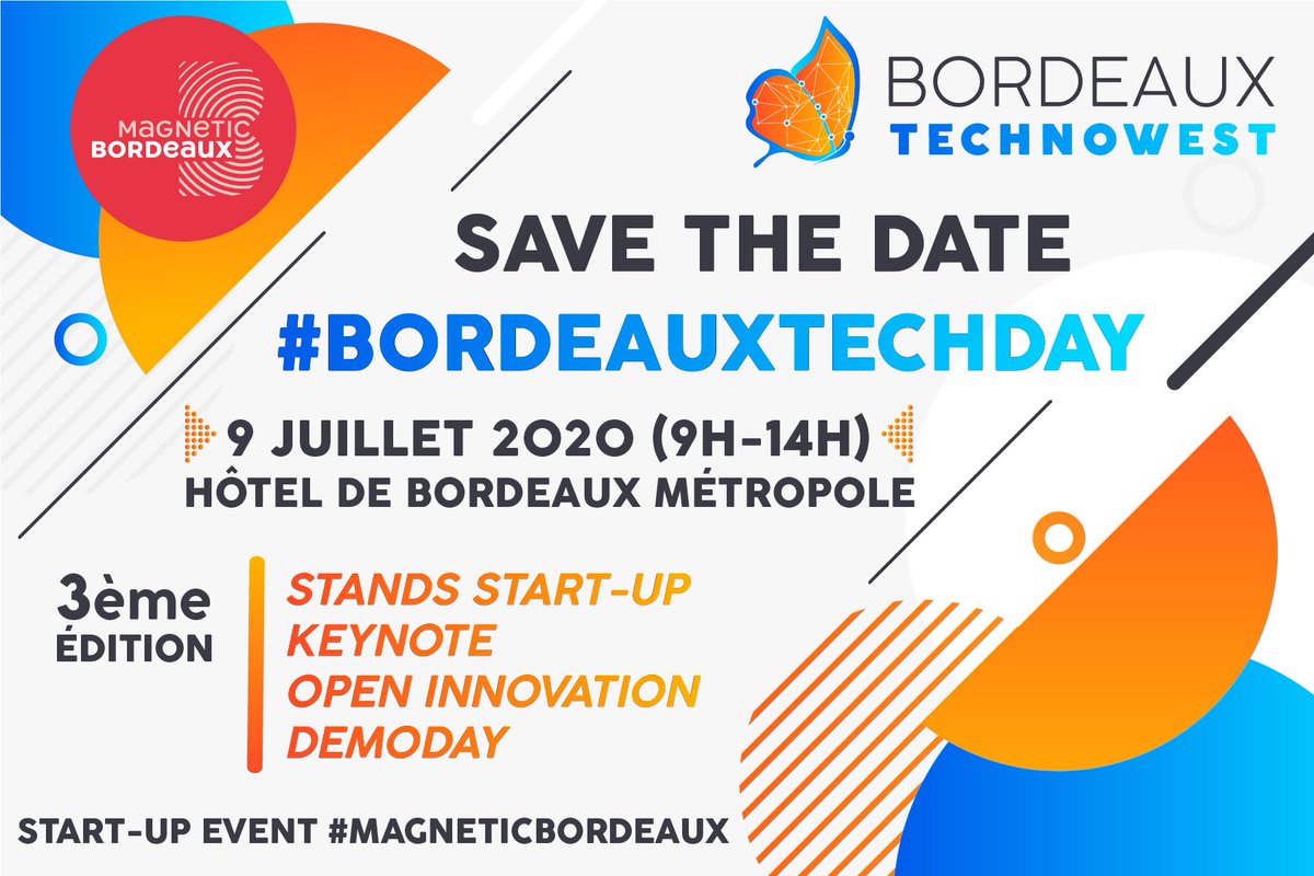 ‼️Save The Date ‼️
Le #BordeauxTechday est de retour !
📆 Jeudi 9 Juillet 
📍 Hôtel de <a href="/BxMetro/">Bordeaux Métropole</a>

Au programme :
🤝Stands #startup
💵#DemoDay 
🎤 #Keynote
💡#OpenInnovation

Et beaucoup de surprises... 🤔

👋 Inscriptions : eventbrite.fr/e/billets-bord…

#startup #event #Bordeaux