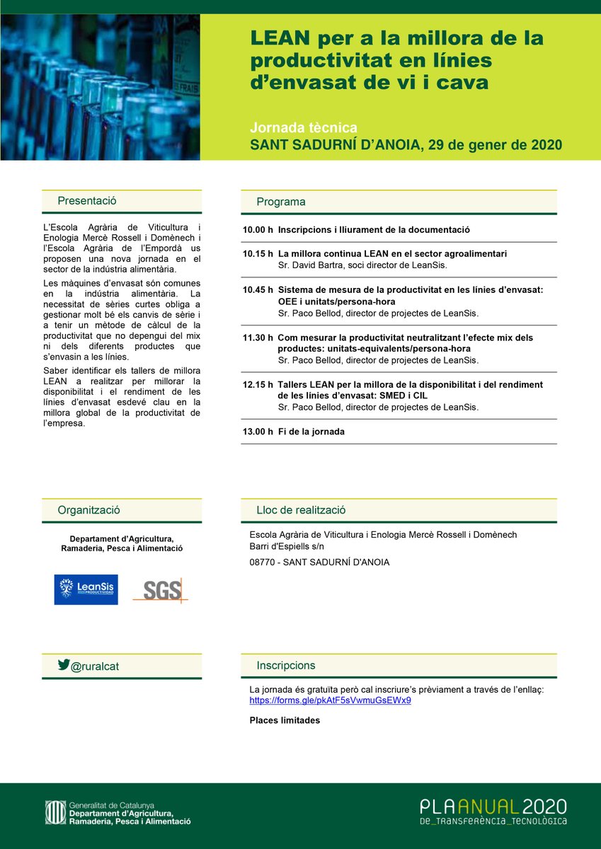 ruralcat's tweet image. 📌Jornada tècnica "LEAN per a la millora de la productivitat en línies d’envasat de vi i cava". #PATT2019 

📅29/01
🕝10h
📍Sant Sadurní d'Anoia
ℹ️ bit.ly/3aBFSOg
@agriculturacat @escolaespiells @SGS_Spain