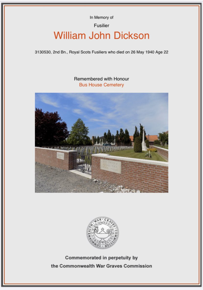 27th May 2030hrs, RSF Battalion HQ moves from the White House to Vergote Farm. The farm is now the green keepers sheds for the golf course. 2030hrs, HQ Coy Signals platoon covered the withdrawal of HQ Coy. Close quarter fighting takes place and Fusilier Dickinson is killed.