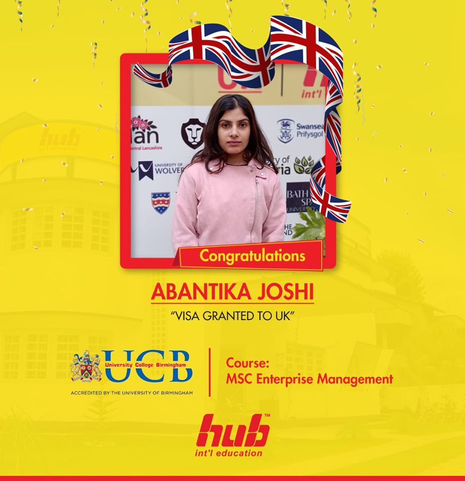 IntlHub's tweet photo. 🎉🎉Congratulations 👨🎓Abantika Joshi 🎓️ VISA️ Granted for UK
Cheers 🎉Team #HUB
#hubinternational #hubintl #hub #studyin #UK @UCBofficial @UCBbusiness https://t.co/5JhbzzcMcH