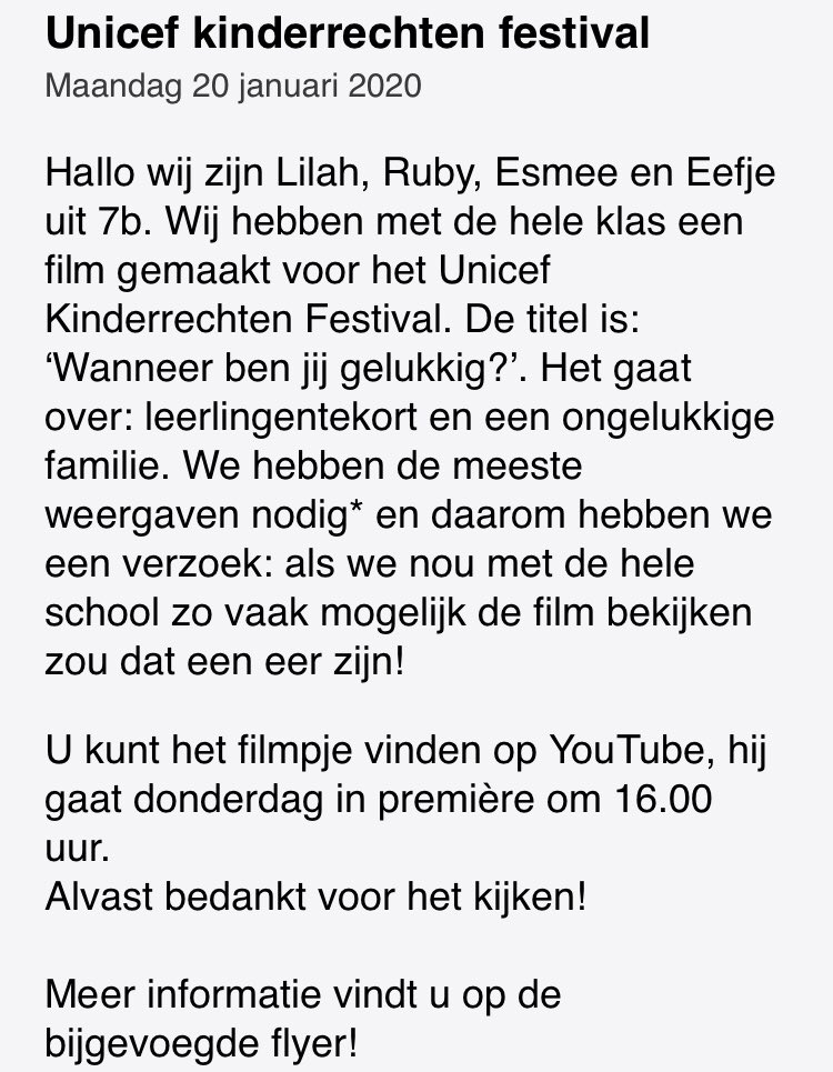 Vanmiddag om 16 uur is de première van de film die groep 7b maakte voor het Unicef Kinderrechtenfestival! De vijf best bekeken films mogen naar de landelijke finale in bioscoop Pathé Tuschinski!  #spannend #trots