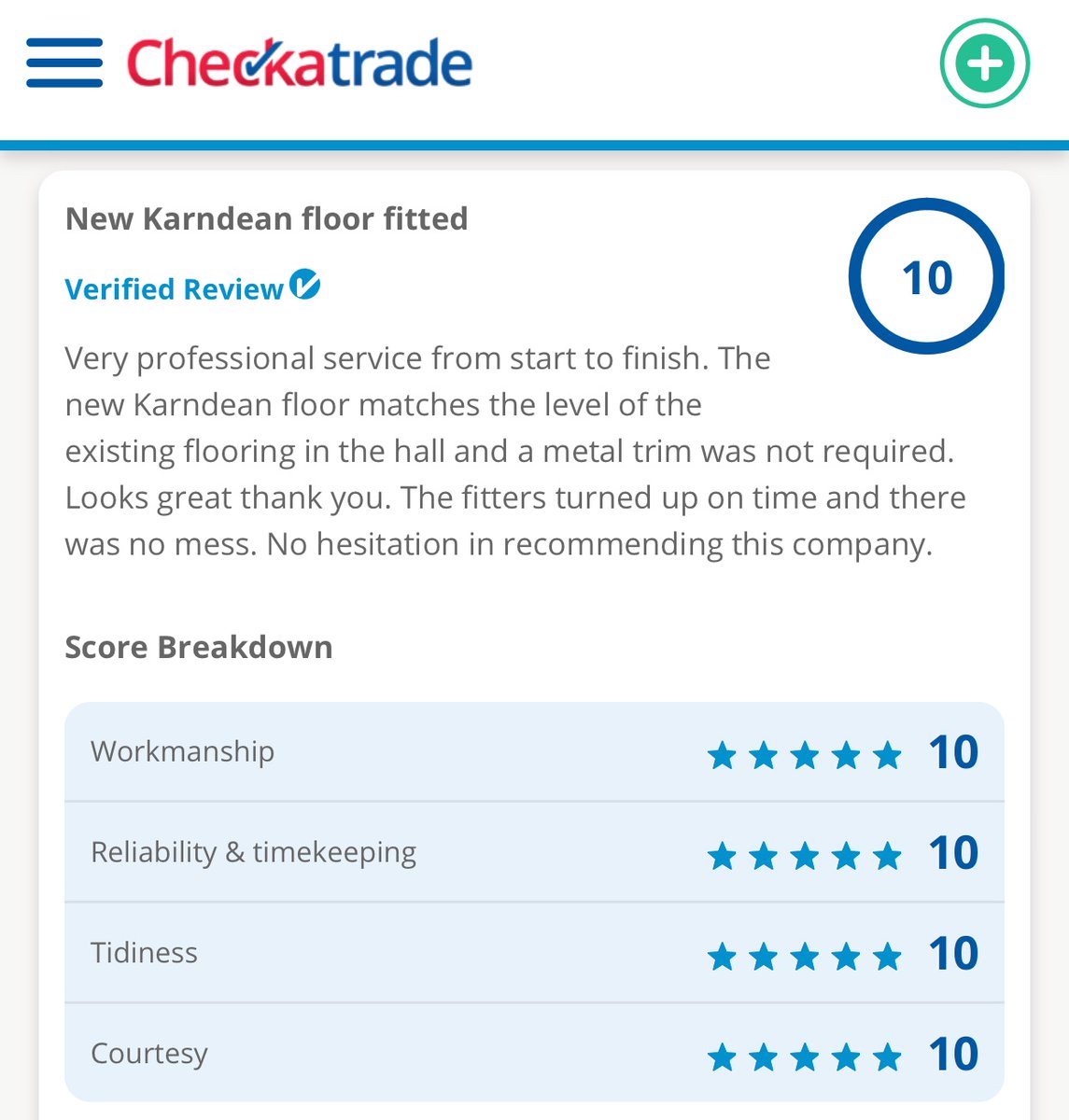 “Very professional”  “Looks great”  “No hesitation in recommending this company”.  Great recent <a href="/Checkatrade/">Checkatrade</a> review for a <a href="/KarndeanFloors/">Karndean Designflooring</a> fitted by Nigel 👍. Pop by as our winter sale is now on!