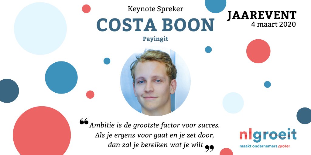 NLGroeit's tweet photo. De 1ste spreker tijdens ons jaarevent is bekend! Costa Boon van Payingit zal zijn interessant ondernemersverhaal vertellen op het podium.Ben jij een groeitondernemer met een omzet tussen de 1 en 100 miljoen euro? Schrijf je dan snel in voor ons jaarevent: https://t.co/tXBa0z5MFt https://t.co/1ksPxtdNQl