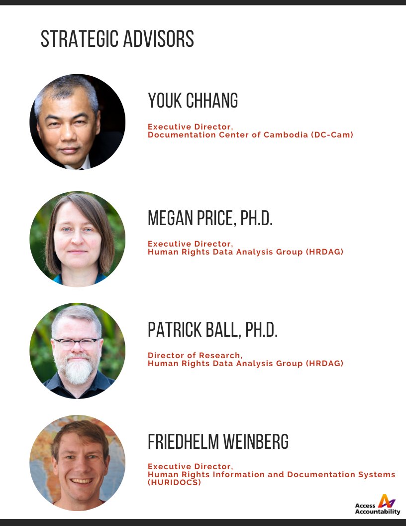 TJWG_AA's tweet photo. #AccessAccountability is happy to announce to our interregional strategic advisors: Youk Chhang from DC-Cam, @StatMegan and @vm_wylbur from @HRDAG and @WhyFrycek from @HURIDOCS. We look forward to working together on future projects! https://t.co/aJTpMGNUg9