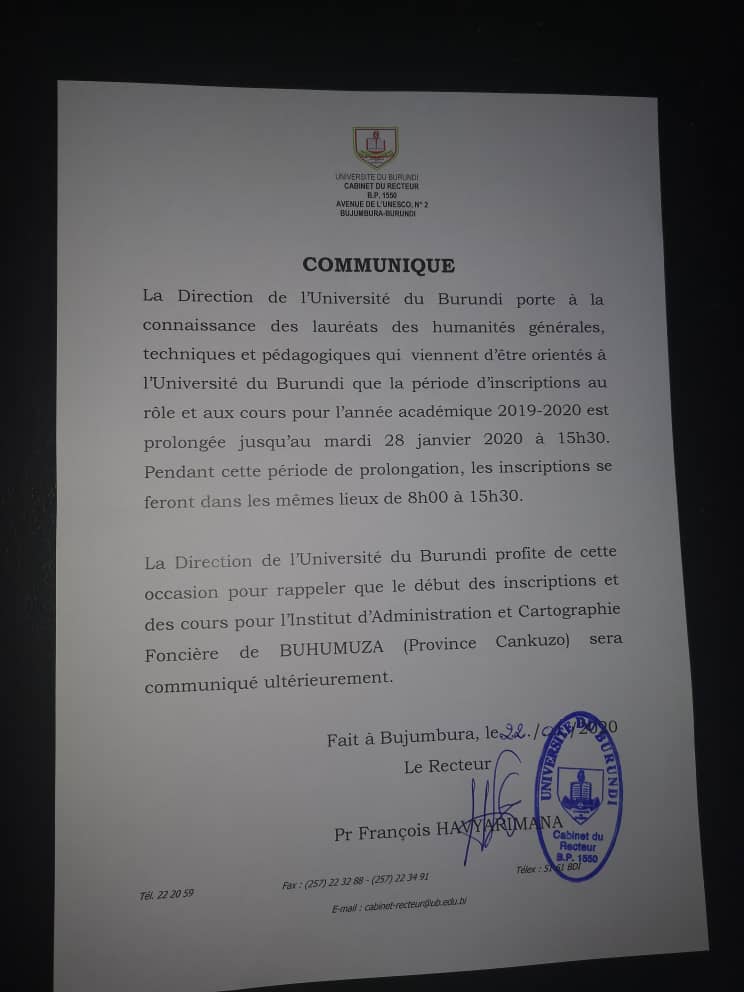 MagazineJimbere's tweet photo. 🔴 Le délai d'inscription à l'Université du #Burundi pour les nouveaux étudiants (année académique 2019-2020) prolongé jusqu'à mardi 28/01/2020, à 15h 30

#educatiomatters https://t.co/vbKvVhdPT6