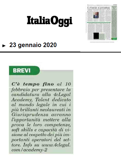 #4cLegalAcademy_II | Oggi in edicola su <a href="/ItaliaOggi/">ItaliaOggi</a> ricordiamo l’approssimarsi della deadline per presentare la propria candidatura alla seconda edizione della #4cLegalAcademy: c’è tempo fino al 10 febbraio!

Visita il sito per ogni informazione: 4clegal.com/academy-2
