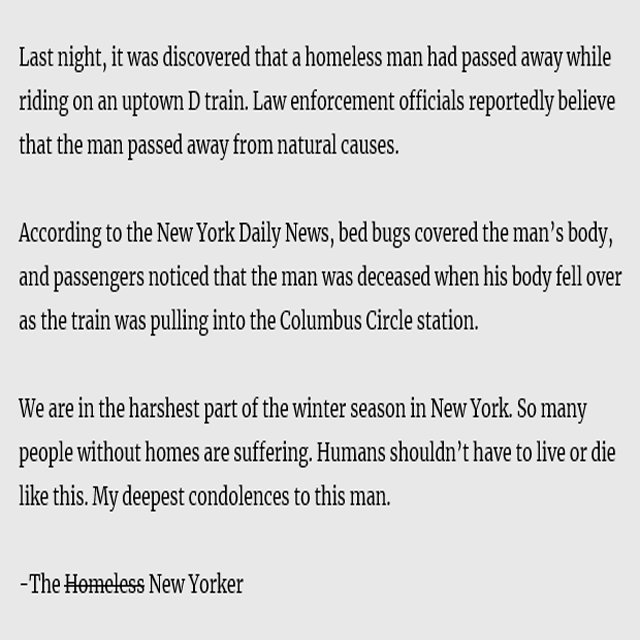 Homeless Man Found Dead On NYC Train #HMLSNewYorker #HomelessNewYorker