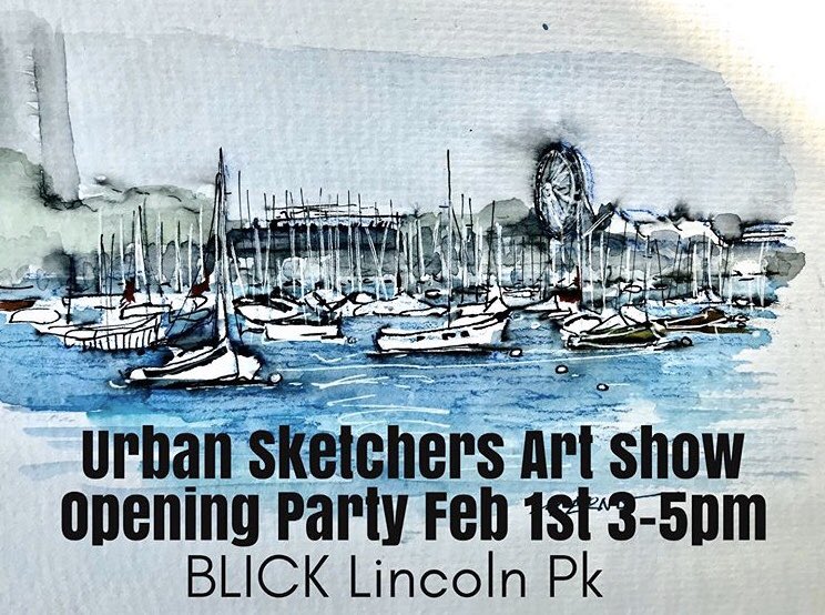 Join us for our first Urban Sketching #ArtShow co-hosted by #uskchicago and <a href="/Blick_Art/">Blick Art Materials</a> Lincoln Park. Opening party Feb 1st 3-5 pm, open to public. Come support our local #artists and view their #sketchbooks. Thank you #Blick for hosting! #urbansketching #chicago #blicklincolnpark