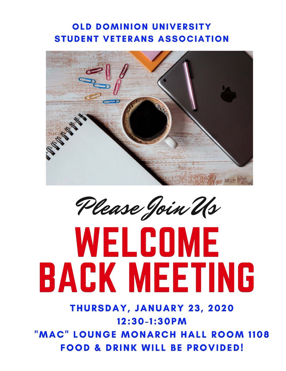 SVAODU's tweet photo. See you all at 1230 in the MAC Lounge (Monarch Hall Room 1108) for the Welcome Back Meeting! Pizza and drinks will be served, so get there early.
#SVALeads #MonarchHallRoom1108 #ODUSVA #MACLounge #ReignOn #PAVEonCampus @studentvets https://t.co/xHW2RsBY2h