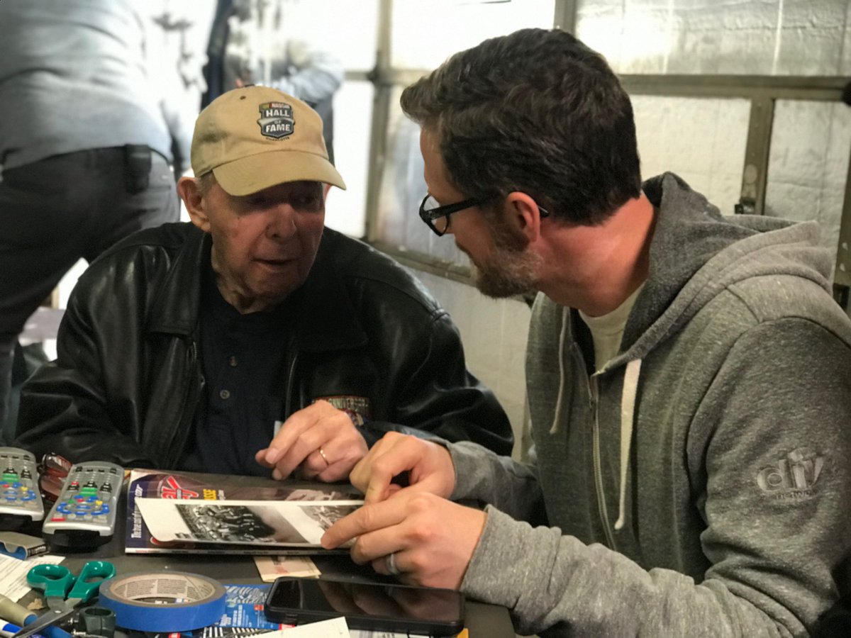 DaleJr's tweet image. Got to visit with a HOF wheelman today. #JackIngram #Ironman #makingTV #NASCARhistorylesson