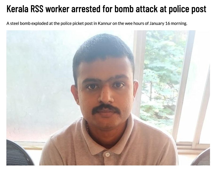Kerala RSS worker arrested for bomb attack at police post  https://www.thenewsminute.com/article/kerala-rss-worker-arrested-bomb-attack-police-post-116617