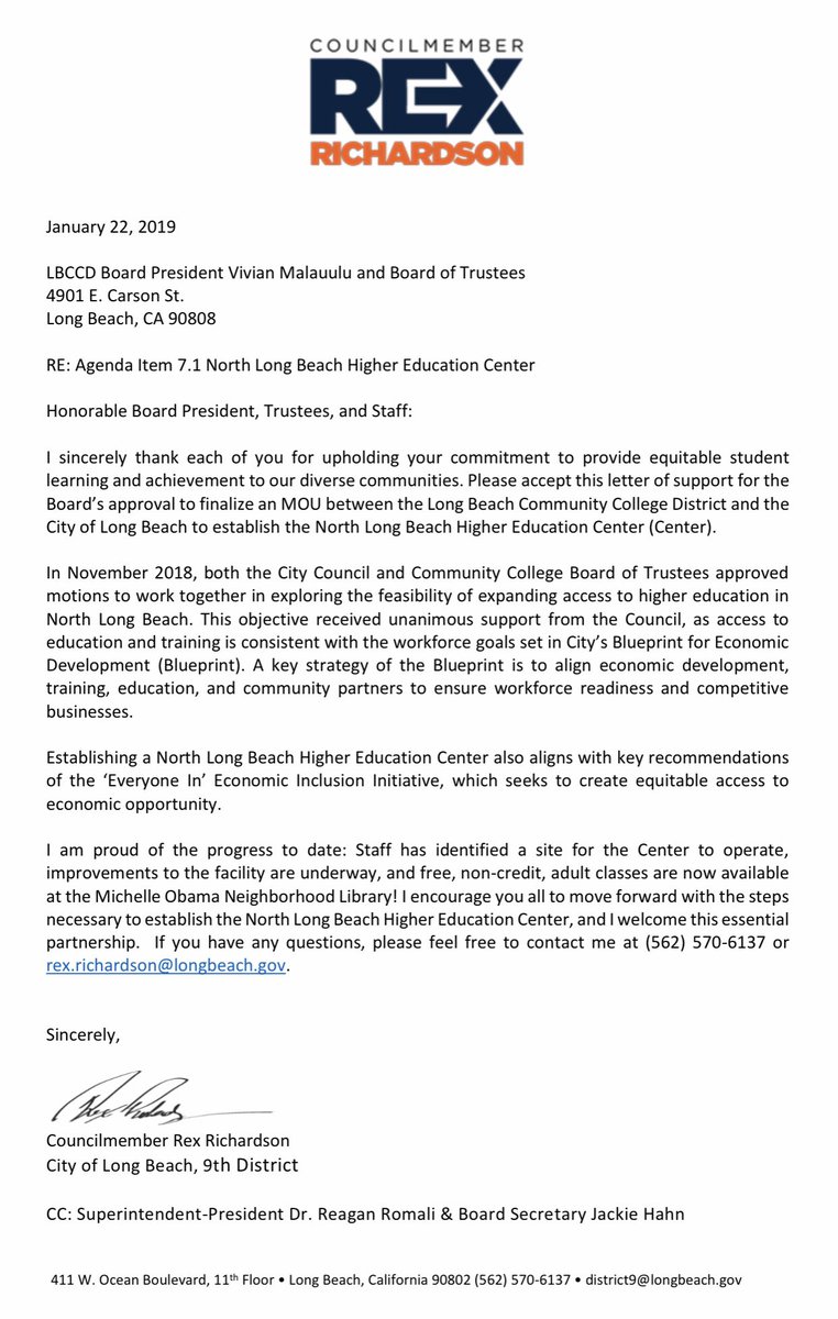 TrusteeNtuk's tweet photo. TY Councilmember @RexRichardson for your letter of support! Tonight the College Board voted to move forward serving our shared community! #Teamwork #UptownLB #LBCC @NorthLongBeach1 @LBCCVikingNews @GrunionGazette @LBCCFaculty @CSenate_LBCC @LongBeachPost https://t.co/gsiYzaKwjU