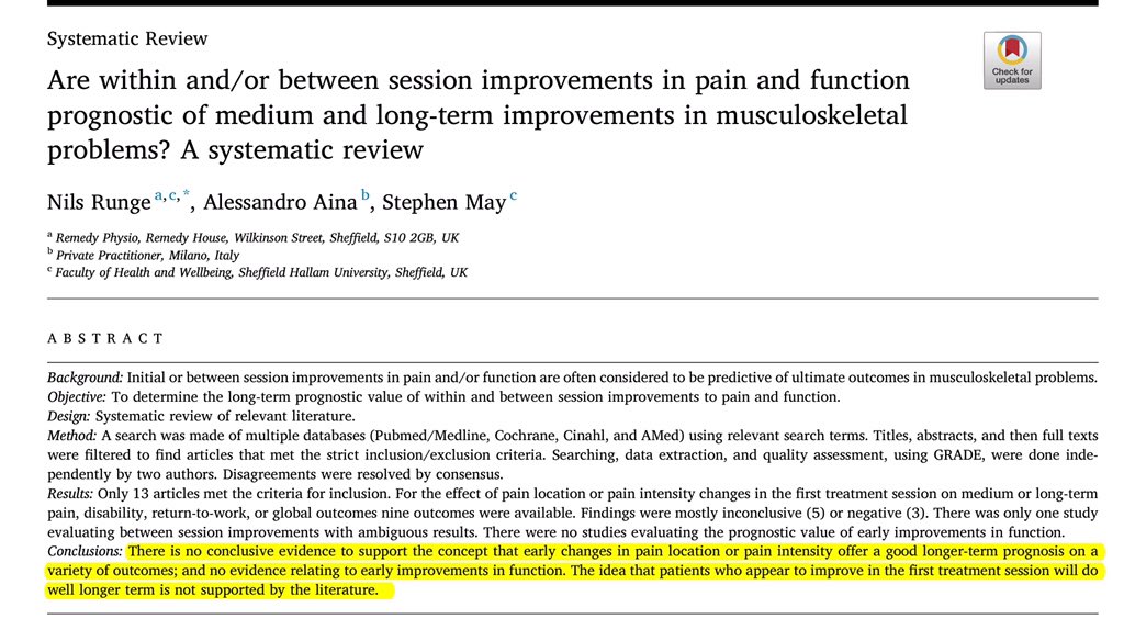 Retlouping's tweet photo. https://t.co/nW8ShzWceH
Interesting systematic review done by two (former) senior teaching faculty of the McKenzie Institute (not declared in the article)
What you though was a good sign and an indicator of good outcome lacks evidential support. #symptommodification https://t.co/iTUwLHojET
