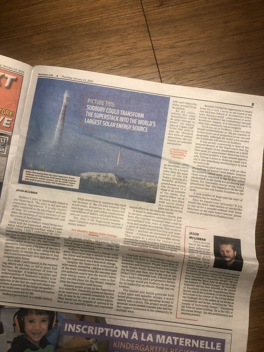 WeLiveUpHere's tweet photo. The Solar Stack. Now we’re talking! @JasonFMcLennan penned a bold and brilliant piece in the Northern Life @sudburydotcom about transforming the Superstack into the world’s largest solar energy source. Where do we sign up? #solarstack https://t.co/qz8OUOGCer