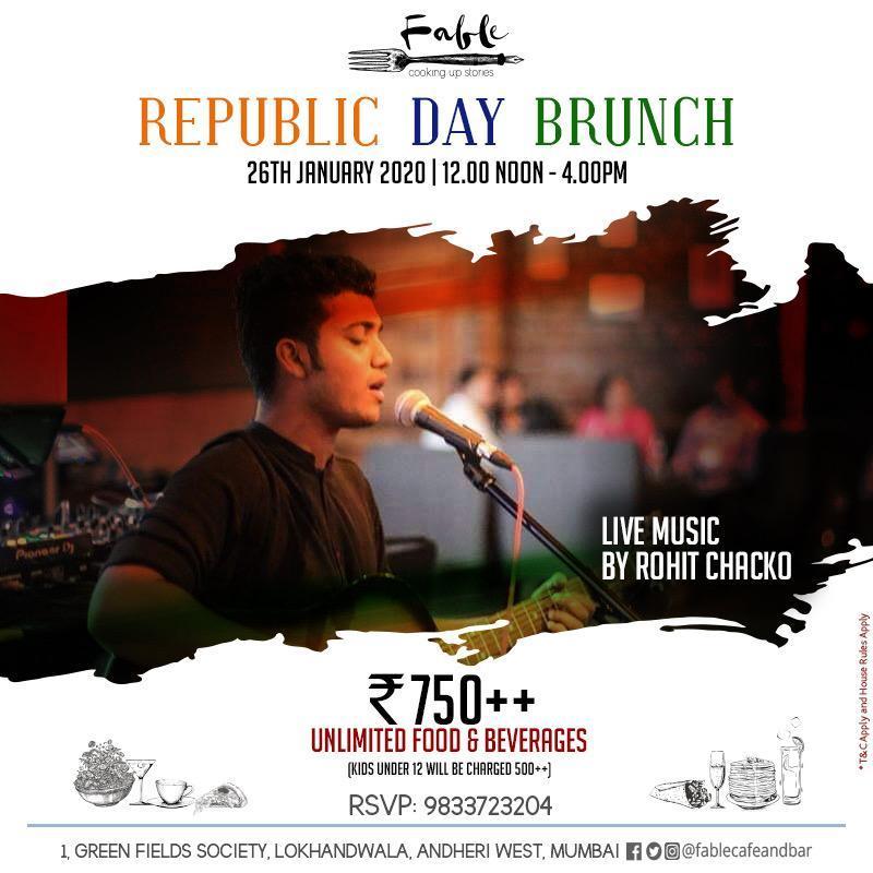 fablecafeandbar's tweet photo. This Republic Day, walk in at Fable Cafe and Bar Lokhandwala, for a Republic Day Bottomless Brunch with Live Music featuring, Rohit Chacko from 12 noon to 4 pm.

#republicdaybrunch #26Jan2020 #livemusic #live #music #unlimitedfoodandbeverages #FableCafeandBar #Lokhandwala https://t.co/nPEqJiJf1s