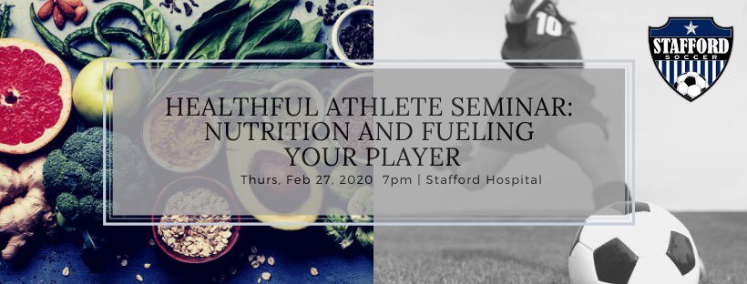 Stafford_Soccer's tweet photo. Learn how athletes fuel their body for maximum performance! Our Healthful Athlete Series Presents Faye Krause, a registered dietitian nutritionalist at Stafford Hospital, 2/27/2020 7pm Register at https://t.co/B5C3GJqRqT 💪🥑🥦🍓#healthyliving #performancefood @mwhcconnection https://t.co/XdaV3fWu2p