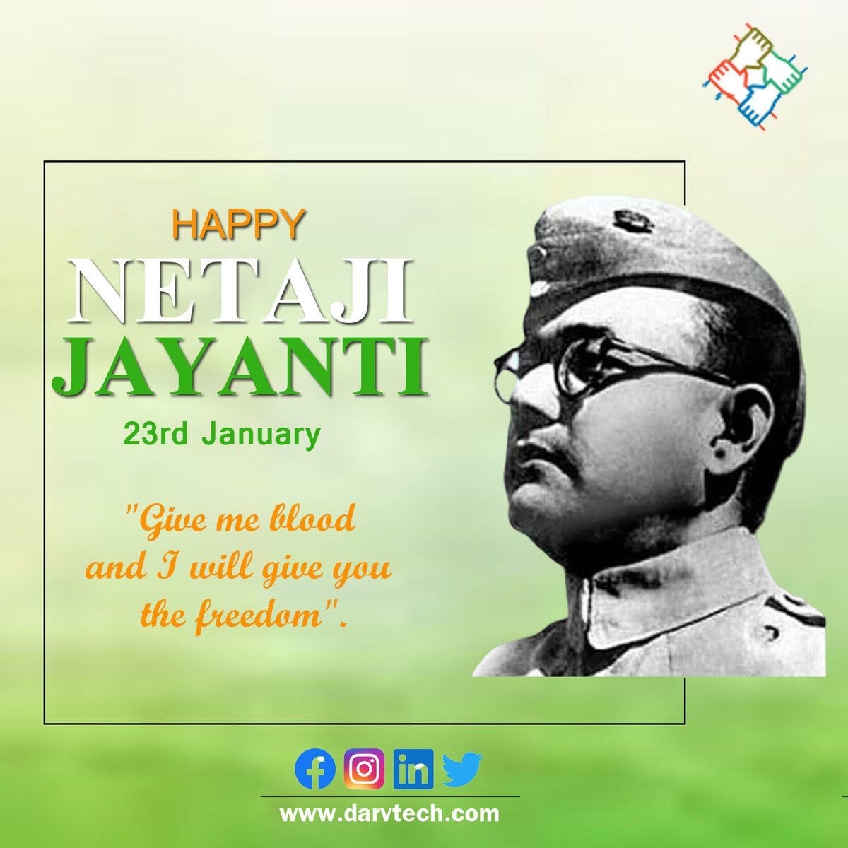 darvtechnology's tweet photo. 23 January 1897.
A hero was born with a dream of free India.
Salute to our true Hero Netaji Subhas Bose.
Jai Hind
Happy Netaji Jayanti to All
#NetajiSubhashandraBose #HappyBirthdayNetaji #JaiHind #realhero #salute #Netajishubhasbose #graphicdesign #graphicdesigner #illustration https://t.co/Iu72TnmG72