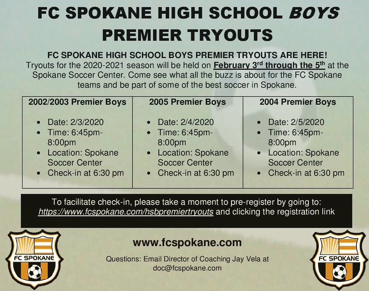 FCSpokane's tweet image. FC Spokane High School Boys Premier tryouts for the 2020-2021 season will be held from 2/3-2/5 at The Spokane Soccer Center. Come see what all the buzz is about for the FC Spokane teams and be part of some of the best soccer in Spokane. 

Pre-register at fcspokane.com/hsbpremiertryo…