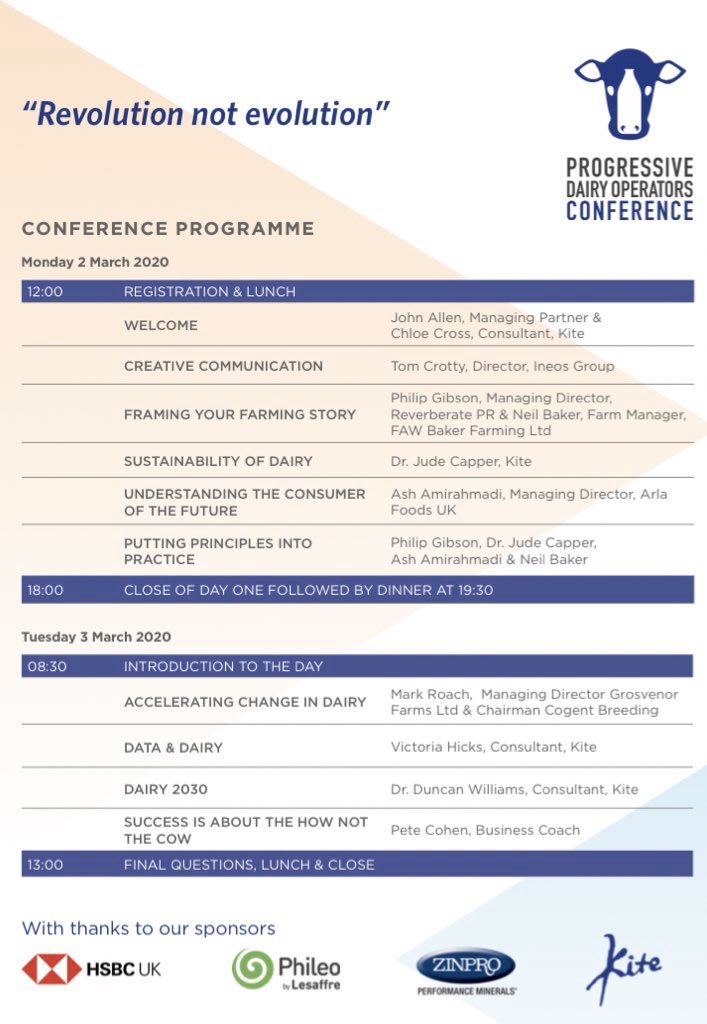 Delighted to share full conference programme for 2020 #ProgressiveDairyOperators!  Incredible speakers looking at how we can thrive in a period of revolutionary change. Book directly via website kiteconsulting.com/events/revolut… Huge thanks to sponsors <a href="/HSBC_UK/">HSBC UK</a> <a href="/PhileoLesaffre/">Phileo by Lesaffre</a> <a href="/Zinpro/">Zinpro</a>