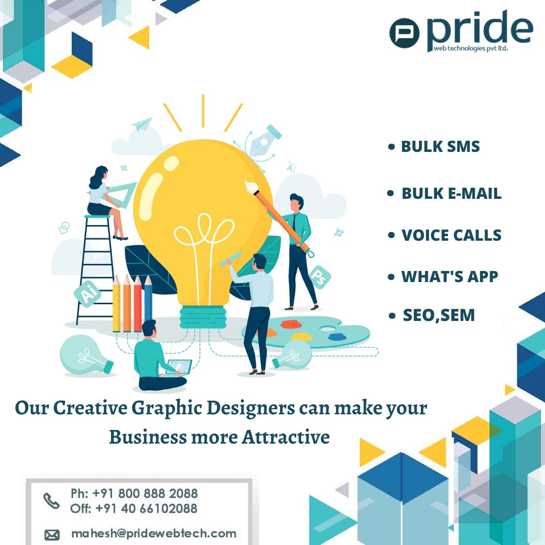 WebPvtltd's tweet photo. "Our Creative Graphic Designers can make your Business more Attractive "
Contact us:- 8008882088, 040-66102088
Website:- https://t.co/hrau3oNrBQ
#pridewebtechnologies #graphicdesigner #graphicdesign #visualeffects #vectorimages #Bulksms #bulkemail #voicecalls #whatsapp #seo #sem https://t.co/GrrBaa9rv9
