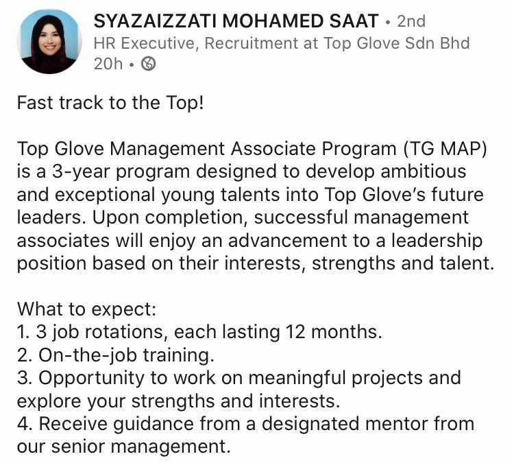 Getme Hired On Twitter Top Glove Management Associate Program Calling All Fresh Graduates From Engineering Chemistry Background Send Your Cv To Tgmap Topglove Com My Https T Co Q8yn1fo0rq Twitter