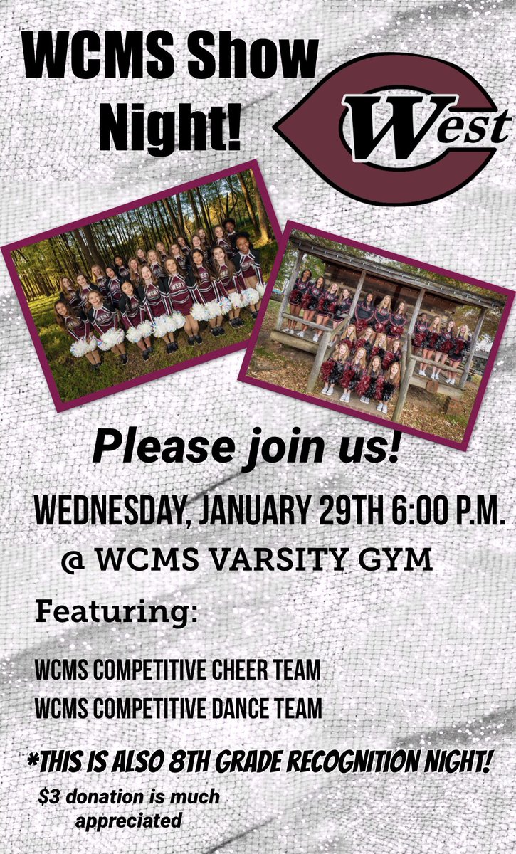 WCMSdance's tweet photo. Join us on our Show Night as WCMS athletes prepare for the nationals in Orlando!!! Come cheer and support WCMS!!! #wcmsdance #wcmscheer #godragons #westcolliervillemiddleschool @officialWCMS @WCMSdance https://t.co/V01ZCjMSrh