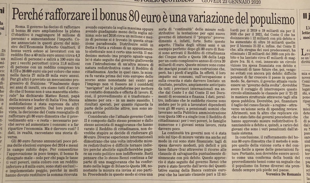 Mio Art <a href="/ilfoglio_it/">Il Foglio</a>  secondo #Renzi rafforzamento 80 euro dimostra che funzionano. In realtà, dimostra che il populismo nel paese avanza. 80 euro Quota100 e RdC costano 20 mld l’anno. Sono finanziati con + debito e + Iva futura. Come si può pensare di crescere così?