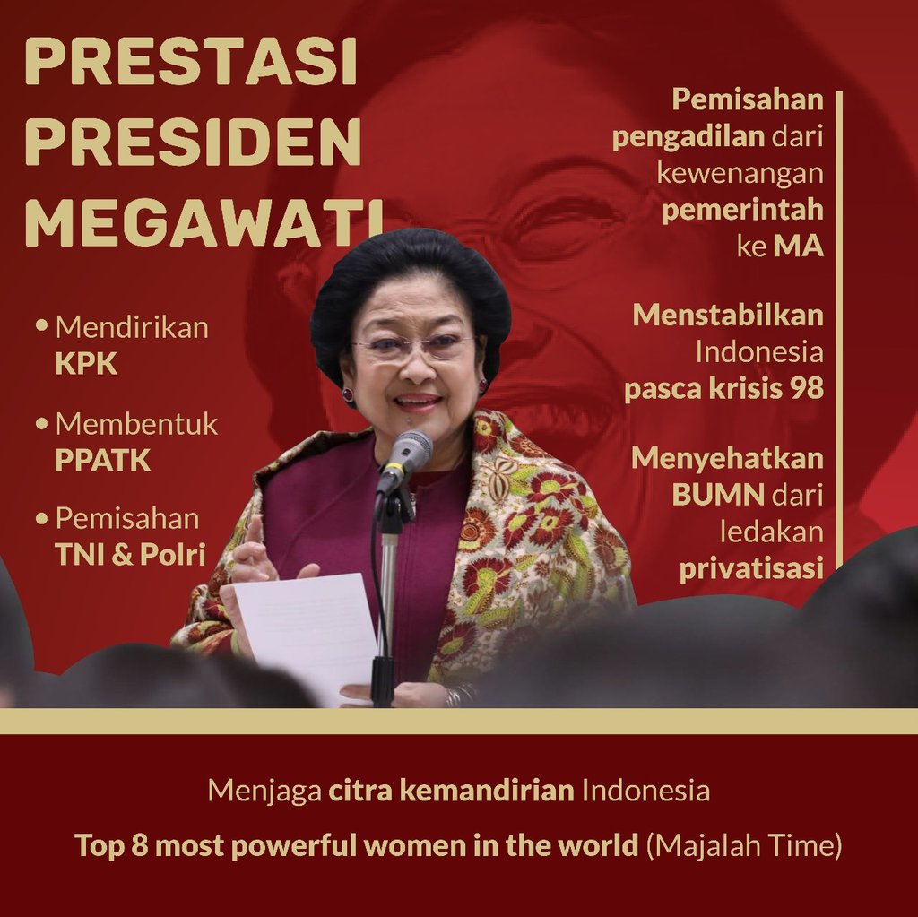 Bangga punya tokoh perempuan berprestasi seperti Bu Megawati.
Ini beberapa prestasi beliau ketika menjadi Presiden RI.
Beliau satu" nya presiden perempuan Indonesia.

Selamat #UltahBuMega .
Semoga sehat dan panjang umur.
Amin ya rabbal alamin 🙏