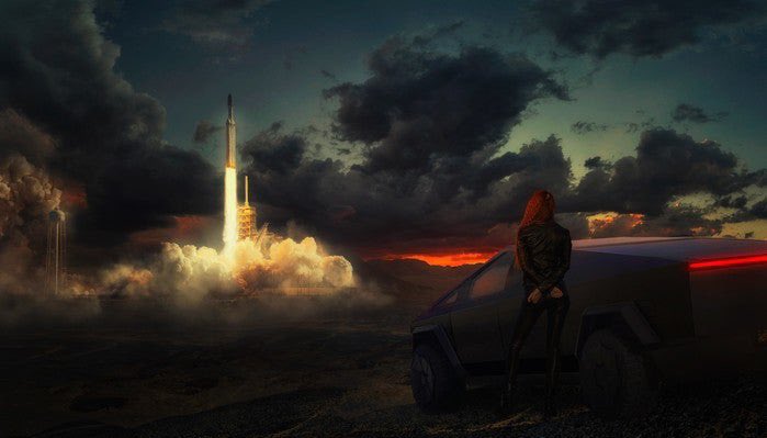 justpaulinelol's tweet photo. Incredible artwork "To the Stars" ✨
by Evgeny Dvoretckiy
Looks like a science fiction movie, but we all know— that’s our exciting future with @Tesla &amp; @SpaceX !
And it was never that close. ⚔️ https://t.co/2aAHM5Pd1M