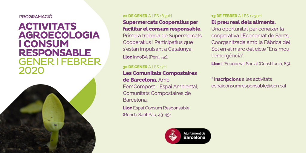 AltresEconomies's tweet photo. Pròximes cites del cicle d'agroecologia urbana de l'Espai Consum Responsable
 
📅 30/01 Trobada #CompostemBCN amb @EspaiAmbiental 
📅 13/02 'El preu real dels aliments' amb visita a @LeconomatSocial 

Més info aquí https://t.co/8BGd9GINLK https://t.co/sXcV1N8Pw7