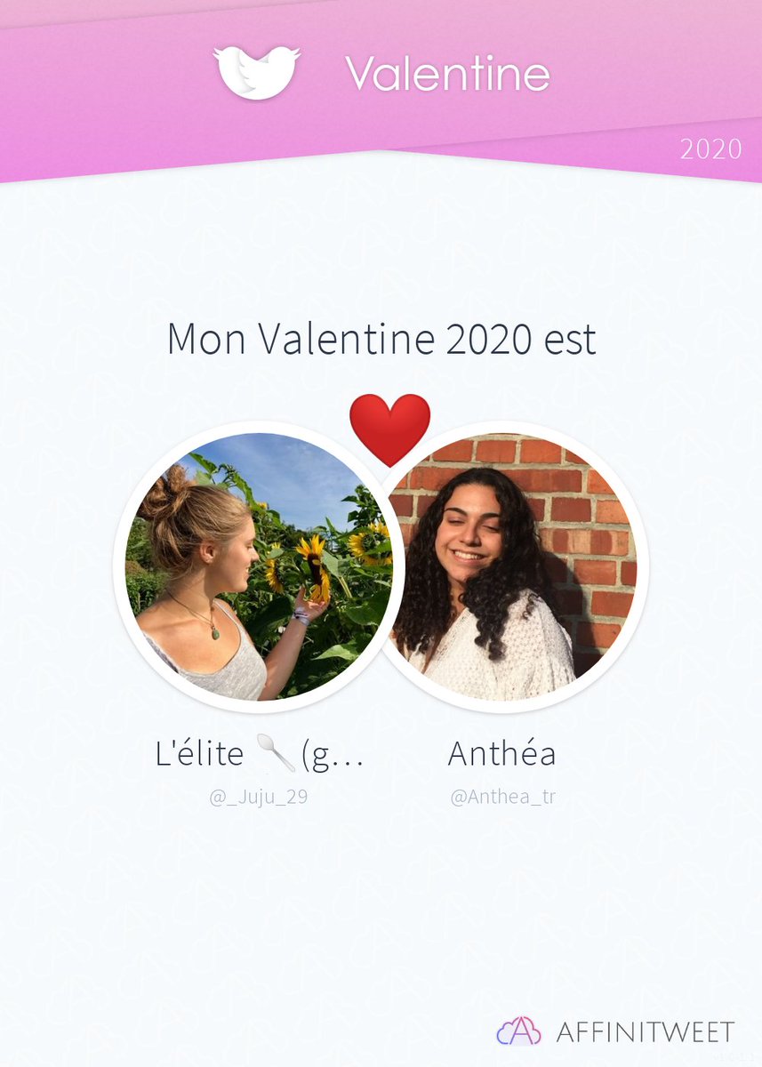 #Affinitweet Valentine
Cette année tu es à moi Anthea_tr ! ❤️
Et toi, avec qui te retrouveras-tu ?
via affinitweet.com/valentine