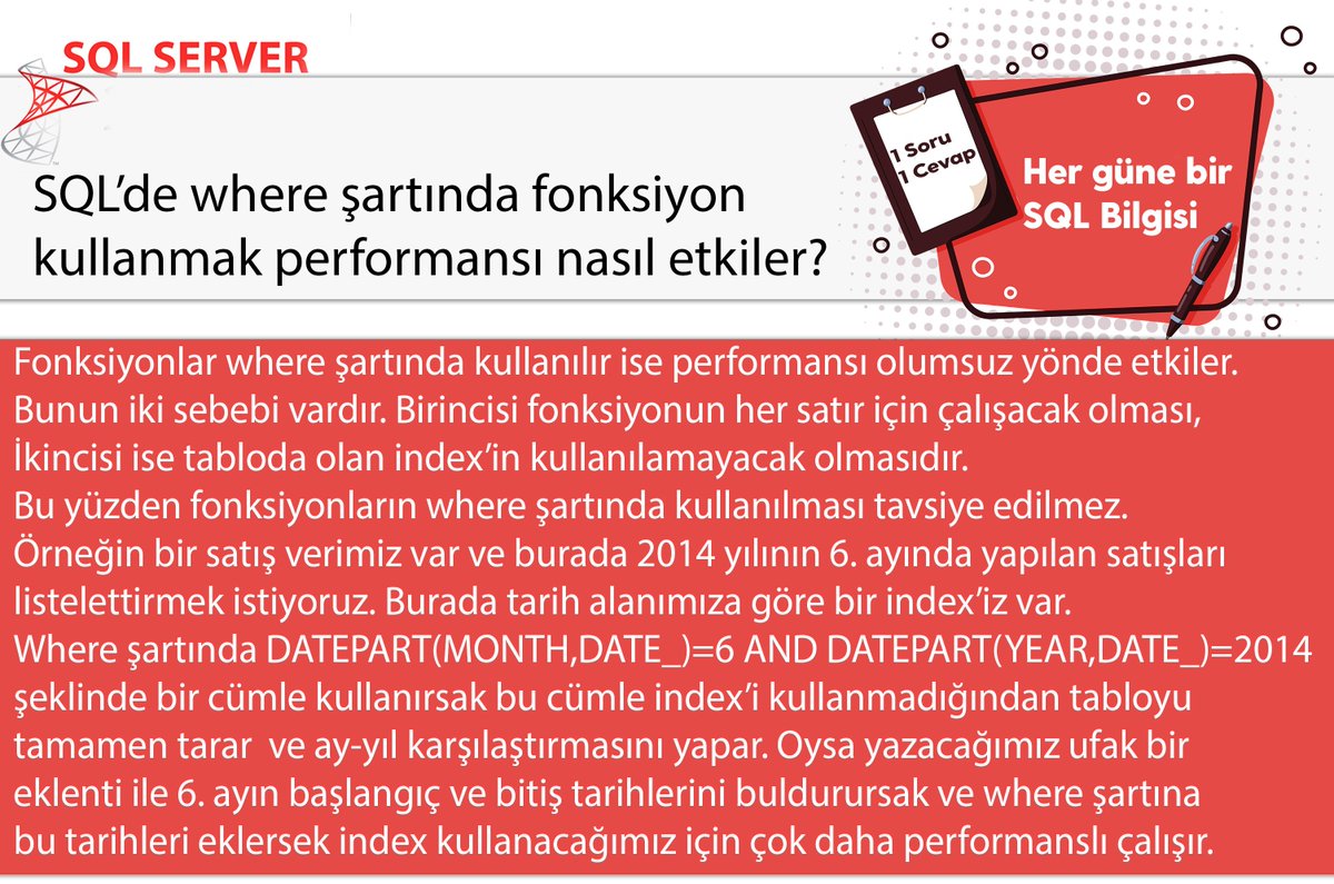 omer_colakoglu's tweet image. SQL’de where şartında fonksiyon
kullanmak performansı nasıl etkiler?

#hergüne1sqlbilgisi #queryexecution #functionatwherecondition #veritabanıYönetimi #sqlperformance  
#ocolakoglu #udemysql #tsql #sql