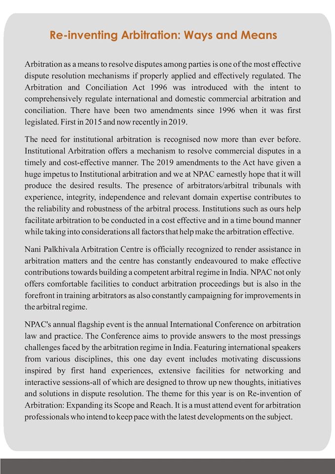 NPACARBITRATION's tweet photo. NPAC will be hosting its 12th Annual Conference on “Re-Inventing Arbitration: Ways and Means” on February 15, 2020 at Shangri-La’s – Eros Hotel.
For further details on the Conference, please feel free to contact us at nparbitration@gmail.com
#Arbitrationevent #law #lawyers https://t.co/SqmULzY3Iv