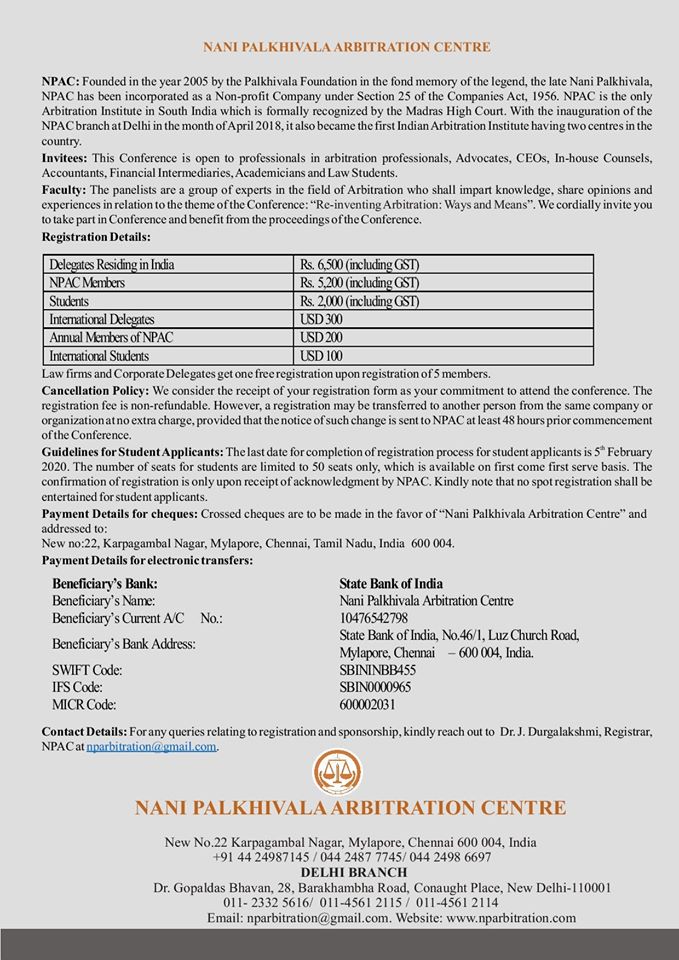 NPACARBITRATION's tweet photo. NPAC will be hosting its 12th Annual Conference on “Re-Inventing Arbitration: Ways and Means” on February 15, 2020 at Shangri-La’s – Eros Hotel.
For further details on the Conference, please feel free to contact us at nparbitration@gmail.com
#Arbitrationevent #law #lawyers https://t.co/SqmULzY3Iv