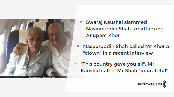 In Naseeruddin Shah vs Anupam Kher, Sushma Swaraj's Husband Rage-Tweets https://www.ndtv.com/india-news/in-naseeruddin-shah-vs-anupam-kher-sushma-swarajs-husband-swaraj-kaushal-rage-tweets-2168443 … #NDTVNewsBeeps