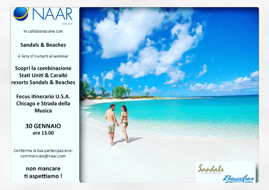 NaarTO_'s tweet photo. 30 gennaio, ore 13.00: webinar dedicato agli adv, Stati Uniti + Caraibi, firmati @BeachesResorts

#naartouroperator #NaarTO_ #sandalsbeaches #BeachesResorts #SandalsResorts #CaribbeanBeachVacation #CaribbeanVacation #travelagencies #agentidiviaggio #agentidiviaggioperpassione https://t.co/dnOKKH0LCO