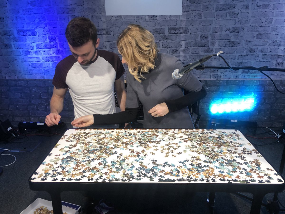 NickyAACampbell's tweet image. Jigsaw sales are soaring. Puzzle me this. Everybody is putting it together. We are @ it here at @bbc5live Breakfast. Here’s @rachelburden and Eliot and also two members of BBC management.