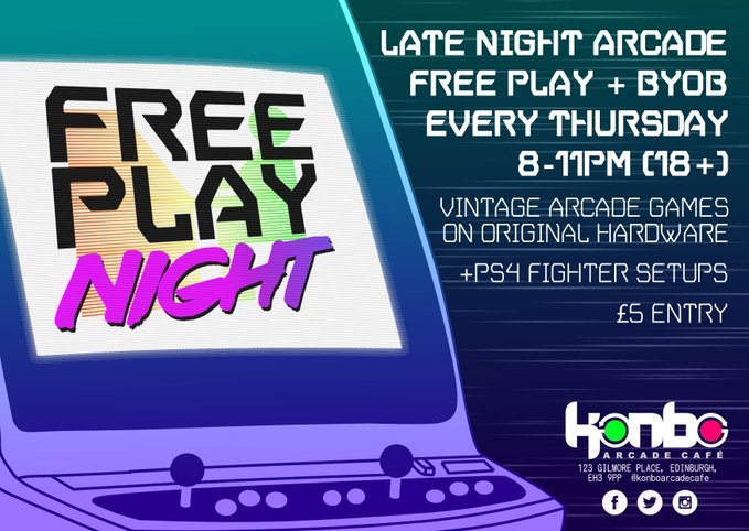 Tonight is the final Free Play Night! 8-11pm, arcade free-play &amp; BYOB + console setups from 7pm courtesy of <a href="/RushdownEdin/">Rushdown Edinburgh</a>. Tekken 7, Smash Ultimate, KOF '98, Super Street Fighter II X, Vampire Savior, retro stuff, more! 18+, £5 entry. #edinburgh #gaming #events