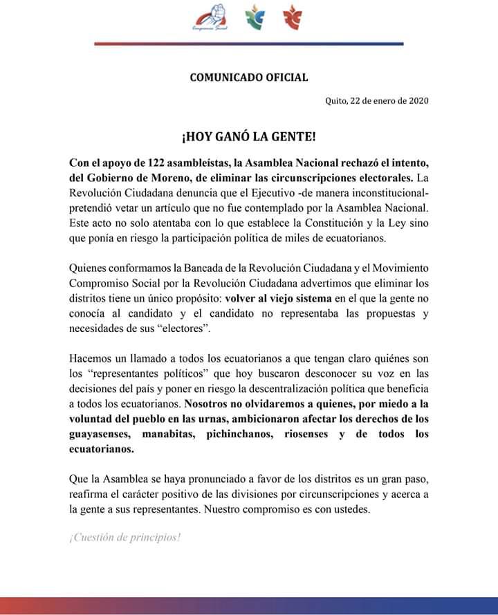 LuisReinaCh's tweet photo. Los Asambleístas del Ecuador votaron en defensa de los distritos electorales, con esta voluntad tendremos en los Concejos y Asamblea más democracia, expresión de luchas y de territorios #MiDistritoSeRespeta https://t.co/BUv04GXedy