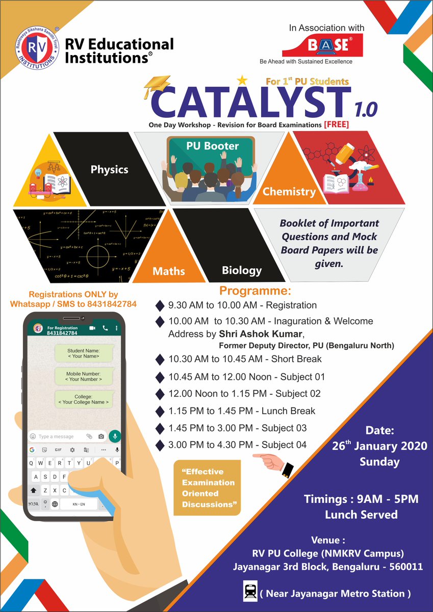 BASEEducational's tweet photo. RV Educational institutions
✔ One day Free Workshop - revision for Board examinations
✔ For I PU students
✔ Registration call : 8431842784
#RVCollege #Freeworkshop #26January #IPUstudents #Jayanagar3rdblock https://t.co/KAxJzKKTHO