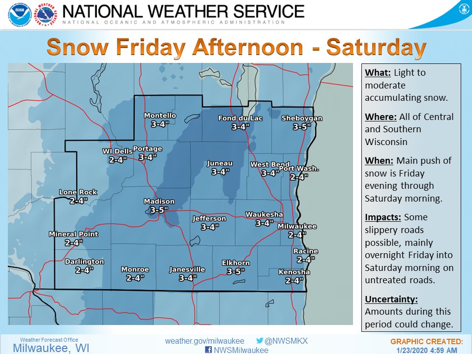 NWSMilwaukee's tweet photo. Light snow continues today possibly mixing to rain/snow. Then another round of light snow moves in tonight through Fri. with 1-2 inches pssble. Could see another rain/sow mix Fri afternoon. Final round of snow Fri night - Sat. snow amounts upwards of 2-4 inches with this round. https://t.co/WgtgB41Syh