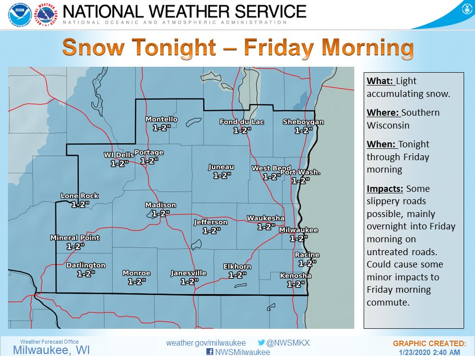 NWSMilwaukee's tweet photo. Light snow continues today possibly mixing to rain/snow. Then another round of light snow moves in tonight through Fri. with 1-2 inches pssble. Could see another rain/sow mix Fri afternoon. Final round of snow Fri night - Sat. snow amounts upwards of 2-4 inches with this round. https://t.co/WgtgB41Syh