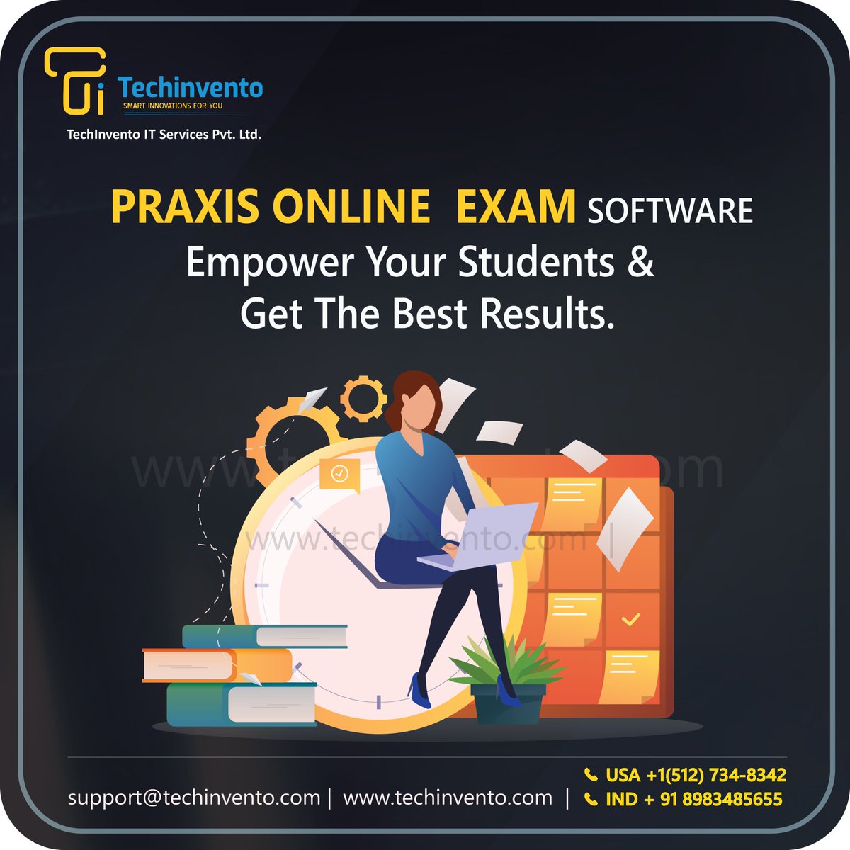 Praxis Online Exam Software empowers your student and gets the best result
USA:+1(512)7348342
INDIA:+91-8983485655
support@techinvento.com
#Praxis #onlineexam #onlineexamsoftware #visualgraphic #brandingdesigner #DigitalMarketing #BusinessGoal #BusinessGrowth #brand #techinvento