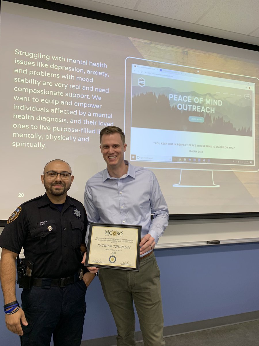 HCSO_NPD's tweet photo. Pastor Thurman @outreachpeace was presented with a Certificate of Appreciation from Major Lee &amp; Sheriff Gonzalez for assisting us w/ our #mentalhealth training - presenting on #Bipolar #MentalHealthAwareness . #HCSOProtecting #HCSOcares #breakthestigma 

https://t.co/Svgx2bqruM https://t.co/61rZEgdbxK