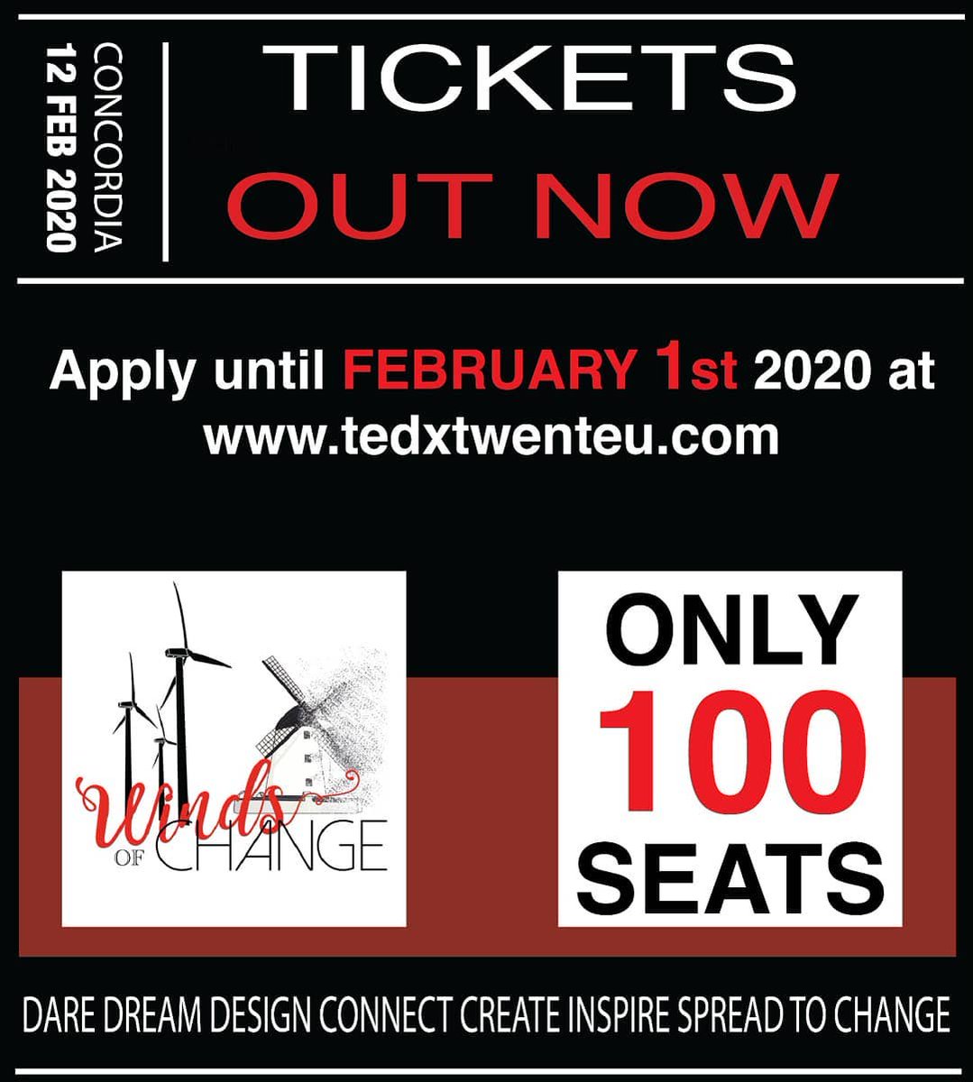 UTwente's tweet image. Participate in the 5th edition of TEDxTwenteU &apos;Winds of Change&apos; on 12 February. Don’t miss your chance to get inspired by the speakers and performers. Because of the limited number of seats, apply for the ticket now! 
ℹ️ More information: //tedxtwenteu.com/
