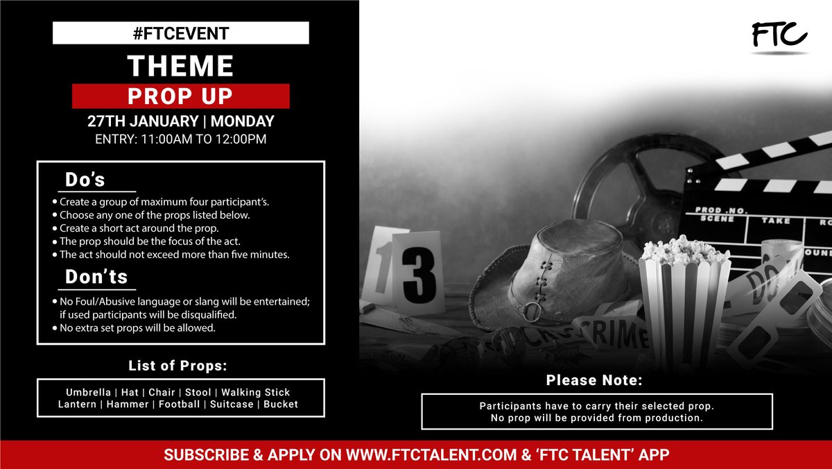 FTCTalent's tweet photo. FTC is calling out to the talents for a unique contest called #PROPUP
Date: Monday, 27th January 2020
Registration: 11 AM – 12 Noon
#FTCEvent #Event #PropUpEvent #FTCTalent #FTCCasting https://t.co/8FiwOXXzEj