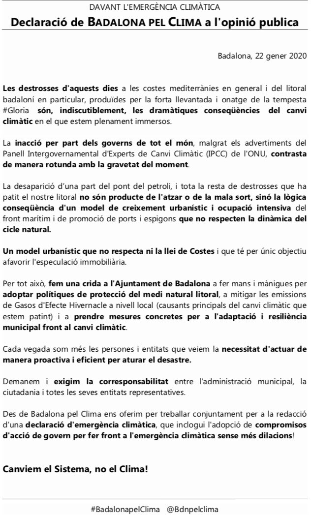 Bdnpelclima's tweet photo. Declaració de BADALONA PEL CLIMA davant les destrosses d'aquest dies a les costes mediterrànies en general i del litoral badaloní en particular, produïdes per la forta llevantada i onatge de la tempesta #Gloria. https://t.co/nd6q64fNsV
