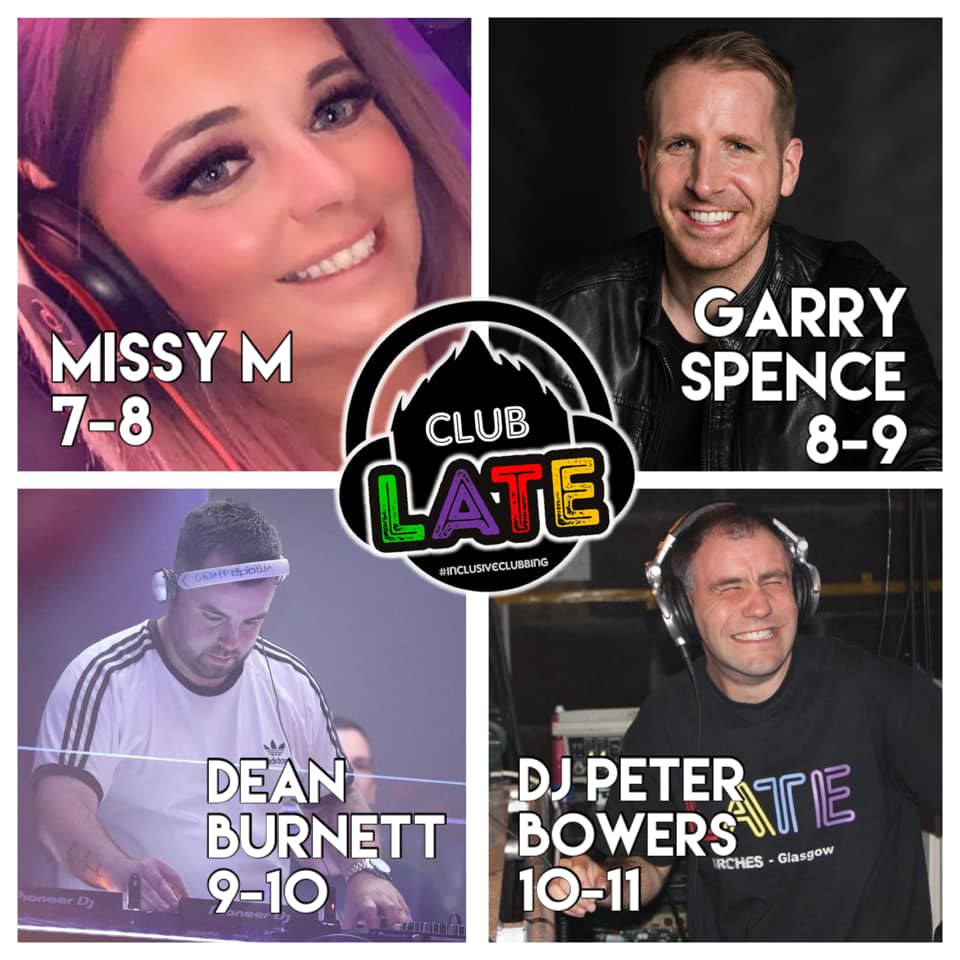 cchangescotland's tweet photo. First Club LATE of 2020 tonight at G2 Nightclub on from 7pm until 11pm.

Fantastic lineup of DJs on including DJ Missy M, Clyde 1FMs @garry__spence, DJ Dean Burnett and DJ Pete Bowers.

Members £5 | Non-Members £8 | Support £2

#InclusiveClubbing #ClubLATE #StayUpLATE https://t.co/XROxpP6iHW